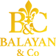 “Balayan & Co gold fleur-de-lis logo symbolizing heritage and craftsmanship.” “Luxury brand identity of Balayan & Co display